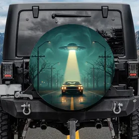 Classic Muscle Car UFO Wet Road - Sci-Fi Fan Gift Spare Tire Cover