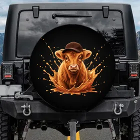 Fluffy Highland Cow Calf Baseball Cap - Farmhouse Car Decor Gift for Cow Lover Spare Tire Cover