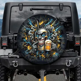 Beer Can Character Smoking Cigarette Frothy Beer Mug - Beer Lover Man Cave Gift Spare Tire Cover