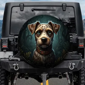 Cartoon Terrier Dog Head Brown Patchy Fur Blue-Green Eyes Dark Forest - Dog Lover Gift Spare Tire Cover