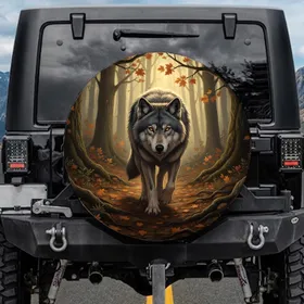 Majestic Gray Wolf Intense Amber Eyes Autumn Forest - Wildlife Lover Gift Spare Tire Cover