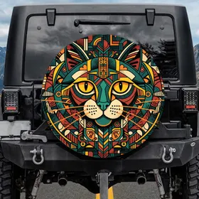 Yellow Eyes Teal Nose Orange Whiskers Cat Face - Cat Lover Car Accessory Gift Spare Tire Cover