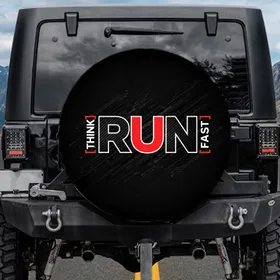 RUN THINK FAST Text Carbon Fiber - Athletic Lifestyle Motivation Spare Tire Cover