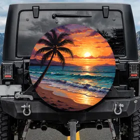 Silhouetted Palm Tree Ocean Sunset Beach - Tropical Getaway Travel Essential for Beach Lovers Spare Tire Cover