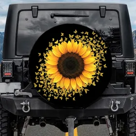 Magnificent Realistic Sunflower Golden Butterflies Black Background - Nature Lover Gift Spare Tire Cover