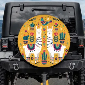 White Llamas Colorful Blankets Majestic Bird Potted Cacti Flowers - Car Decor Gift for Llama Lovers Spare Tire Cover