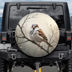 House Sparrow Yellow Beak Perched Bare Branch - Wildlife Lover Gift Spare Tire Cover