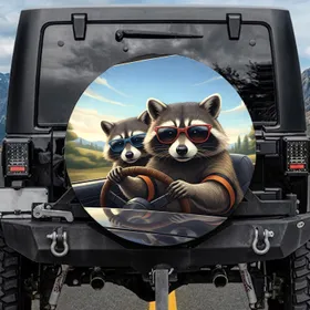 Raccoons Wearing Sunglasses Gripping Steering Wheel - Wildlife Road Trip Accessory Spare Tire Cover