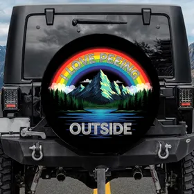 I LOVE PEEING OUTSIDE Mountain Lake Evergreen Forest Rainbow - Outdoor Lover Camping Gift Spare Tire Cover