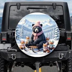 Fluffy Black Bear Fox Kits Snow-Capped Mountain Pine Winter Landscape - Wildlife Lover Gift Spare Tire Cover