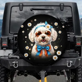 Fluffy White Dog Sunglasses Blue Daisies - Everyday Pet Lover Gift Spare Tire Cover