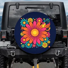 Daisy Flowers Stylized Bird Pink Orange Teal Yellow - Boho Lifestyle Gift Spare Tire Cover