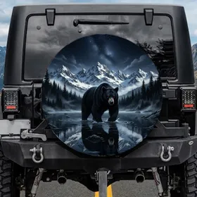 Black Bear Crimson Eyes Mountain Wilderness Starry Night - Wildlife Gift Spare Tire Cover
