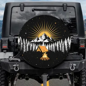 Mountain Night Campfire Tent Starry Forest - Camping Adventure Gift for Camper Spare Tire Cover