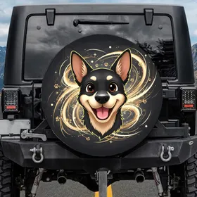 Smiling Black Tan Dog Head Paw Print Stars - Dog Lover Car Decor Gift Spare Tire Cover