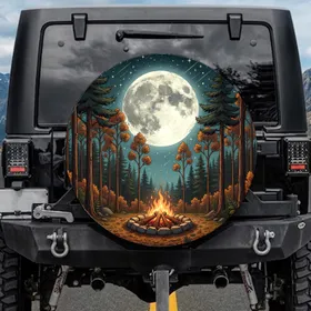 Luminous Full Moon Campfire Wilderness Autumn Starry Sky - Camping Enthusiast Gift Spare Tire Cover