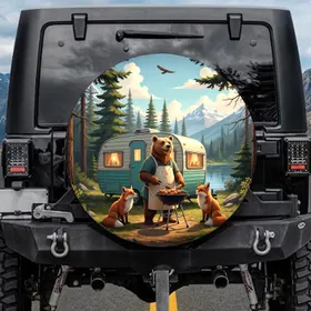 Brown Bear Grilling Vintage Travel Trailer - Outdoor Adventure Gift for Campers Spare Tire Cover