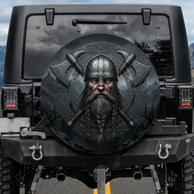 Viking Warrior Helmet Battle Axes Norse Knotwork - Rugged Adventure Gift Spare Tire Cover