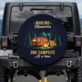 Rustic Travel Trailer Campfire Mountain Night Sky Scene - Campsite Memories Gift Spare Tire Cover