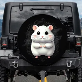 Plump White Cartoon Hamster with Pink Blush and Black Whiskers - Pet Lover Vehicle Decor Spare Tire Cover