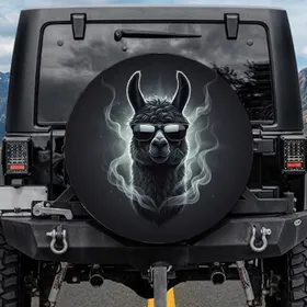 Black Llama Head Shaggy Fur Reflective Sunglasses Deep Charcoal Background - Wildlife Lover Gift Spare Tire Cover