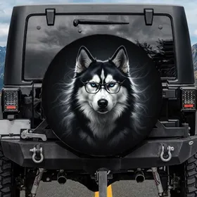 Siberian Husky Black White Fur Black Rim Glasses Blue Eyes - Dog Lover Gift Spare Tire Cover