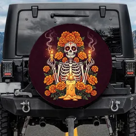 Day of the Dead Skeleton Sugar Skull Marigold Crown Lit Candles - Dia de los Muertos Celebration Spare Tire Cover