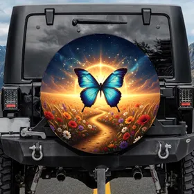 Blue Morpho Butterfly Golden Path Wheat Starry Night - Nature Lover Gift Spare Tire Cover
