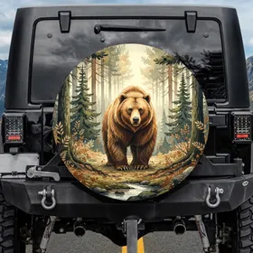Majestic Brown Bear Walking Forward Dense Forest Landscape Deep Green - Wildlife Lover Gift Spare Tire Cover