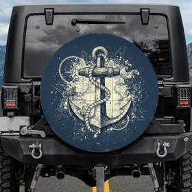 Deep Navy Vintage Anchor Rope Map - Nautical Car Decor Gift for Boaters Spare Tire Cover