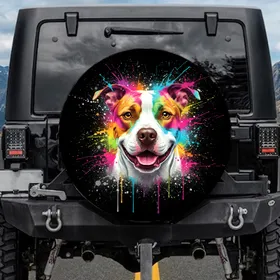 Pitbull Dog Head Golden Amber Eyes Paint Splashes - Dog Lover Gift Spare Tire Cover