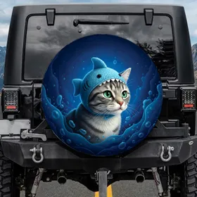 Fluffy Grey & White Tabby Cat Green Eyes Shark Hat - Cat Lover Gift Spare Tire Cover