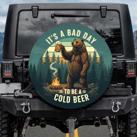 Grizzly Bear Beer Mug Campfire Pine Forest - Wildlife Adventure Gift for Dads Spare Tire Cover