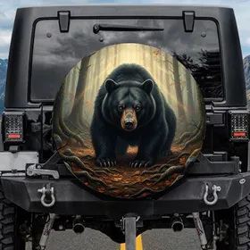 Black Bear Glowing Amber Eyes Tangled Roots Dense Ancient Forest - Wildlife Lover Gift Spare Tire Cover
