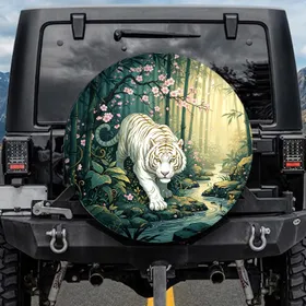 White Tiger Bamboo Cherry Blossom Japanese Forest - Wildlife Lover Gift Spare Tire Cover