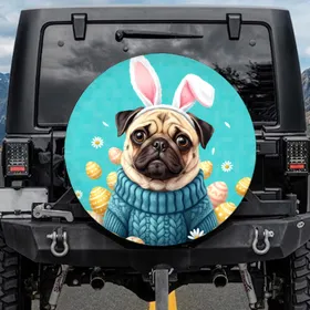 Pug Dog Bunny Ears Easter Eggs - Easter Holiday Dog Lover Gift Spare Tire Cover