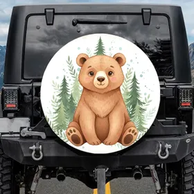 Soft Brown Bear Forest Pine Trees Leafy Sprigs - Wildlife Lover Gift for Kids Spare Tire Cover