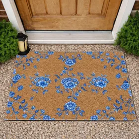 Delft Blue Floral Swirling Vine Blossoms & Leaves Burlap - Rustic Home Decor Gift Doormat
