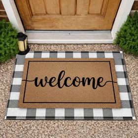 Welcome Script Black Buffalo Plaid Rustic Wood - Farmhouse Home Decor Gift Doormat