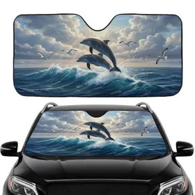 Leaping Dolphins Ocean Waves Seagulls - Car Interior Upgrade Wildlife Lover Gift Car Sunshade
