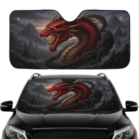 Fierce Red Dragon Head Golden Eyes Volcanic Peaks Car Sunshade