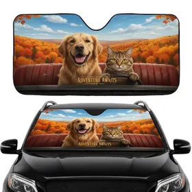 Golden Retriever Tabby Cat Autumn Road Trip - Everyday Pet Lover Gift Car Sunshade