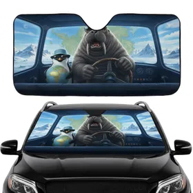 Penguin Walrus Steering Wheel World Map Arctic Landscape - Travel Essentials Gift Car Sunshade