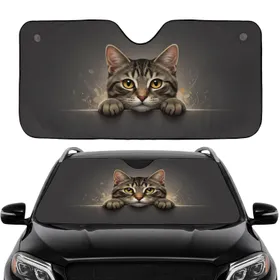 Tabby Cat Wide Yellow Eyes, Lifelike Fur - Car Decor Gift for Cat Lovers Car Sunshade