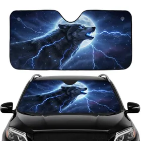 Majestic Howling Black Wolf Electric Lightning Full Moon Night Sky - Wildlife Lover Gift Car Sunshade