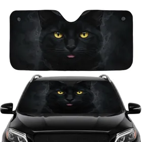 Close-Up Black Cat Face Golden Eyes Pink Tongue - Cat Lover Gift Car Sunshade