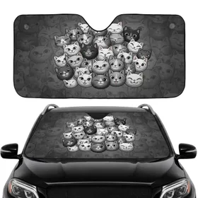 Dense Stylized Cartoon Cat Faces - Road Trip Car Accessory for Cat Lovers Car Sunshade