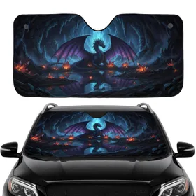 Ancient Dark Blue Dragon Purple Wings Glowing Crystals Cavern - Car Interior Upgrade Car Sunshade