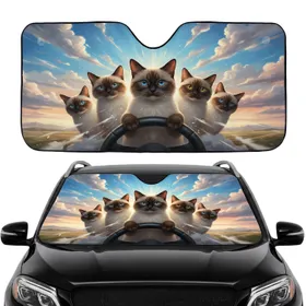 Blue Eyed Siamese Cats Steering Wheel Adventure - Road Trip Commute Accessory Car Sunshade