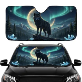 Black Wolf Rugged Rock Aurora Borealis Moon Forest - Car Interior Upgrade Car Sunshade